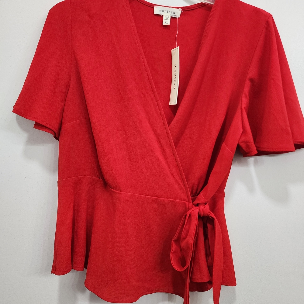 Monteau Vibrant Red Wrap Blouse